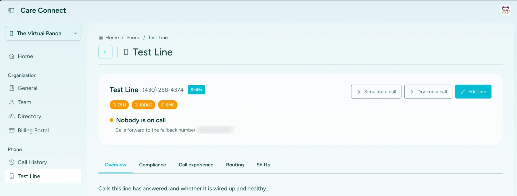 A phone line in the Care Connect app, showing its number, compliance status, who is on call, and the fallback when nobody is