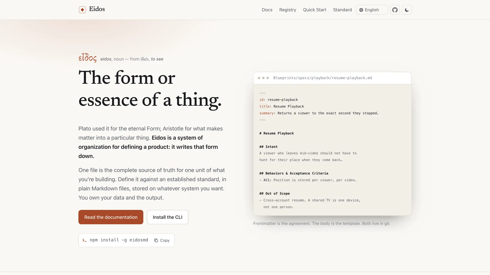 The Eidos landing page at eidosmd.com, showing a sample blueprint file